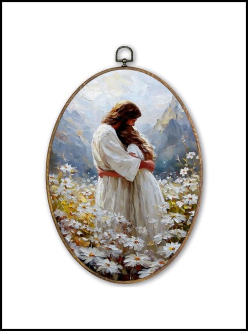 Oval Canvas Wall Art Framed Jesus Hugging Woman Religious Print 9x12 Vintage